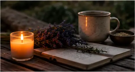 A lit candle, lavender sprigs, tea and an open journal on a wooden table at dusk