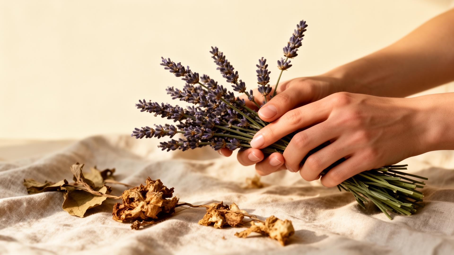 Hands holding lavender and dried botanicals