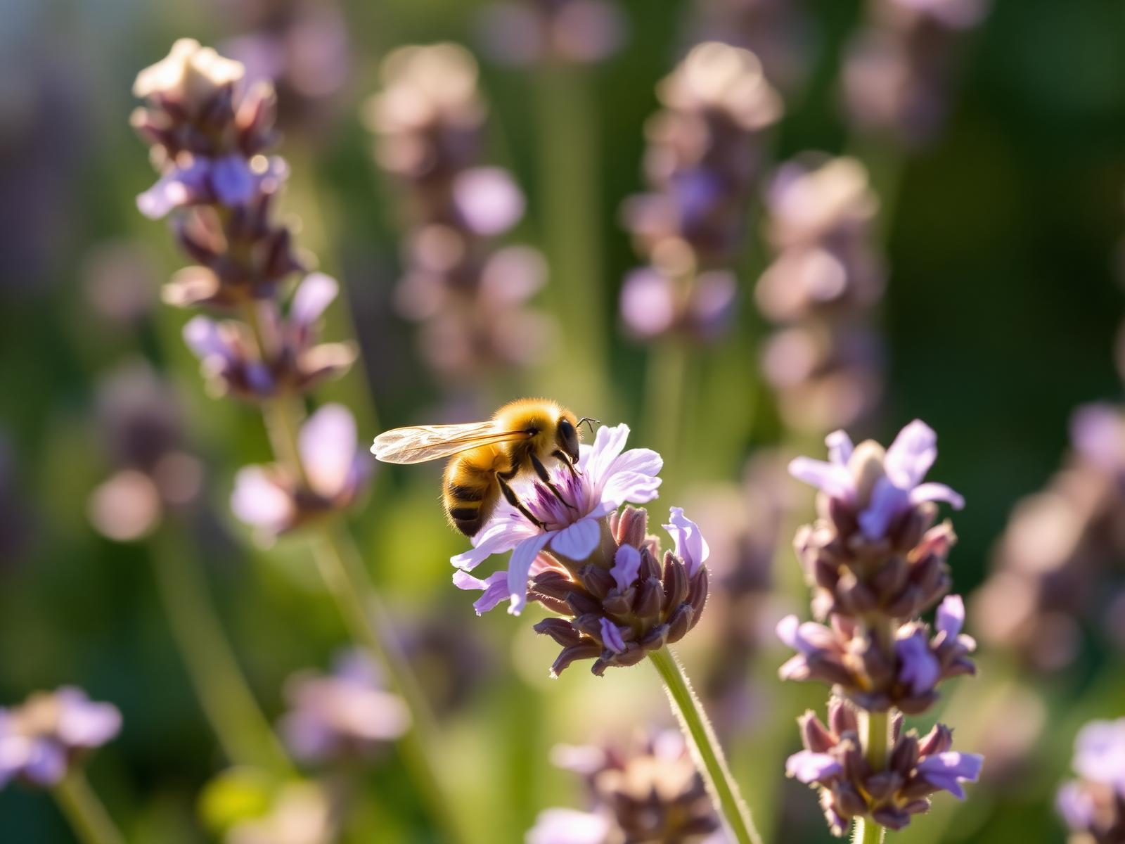 A bee on a lavender flower, drawn to its nectar