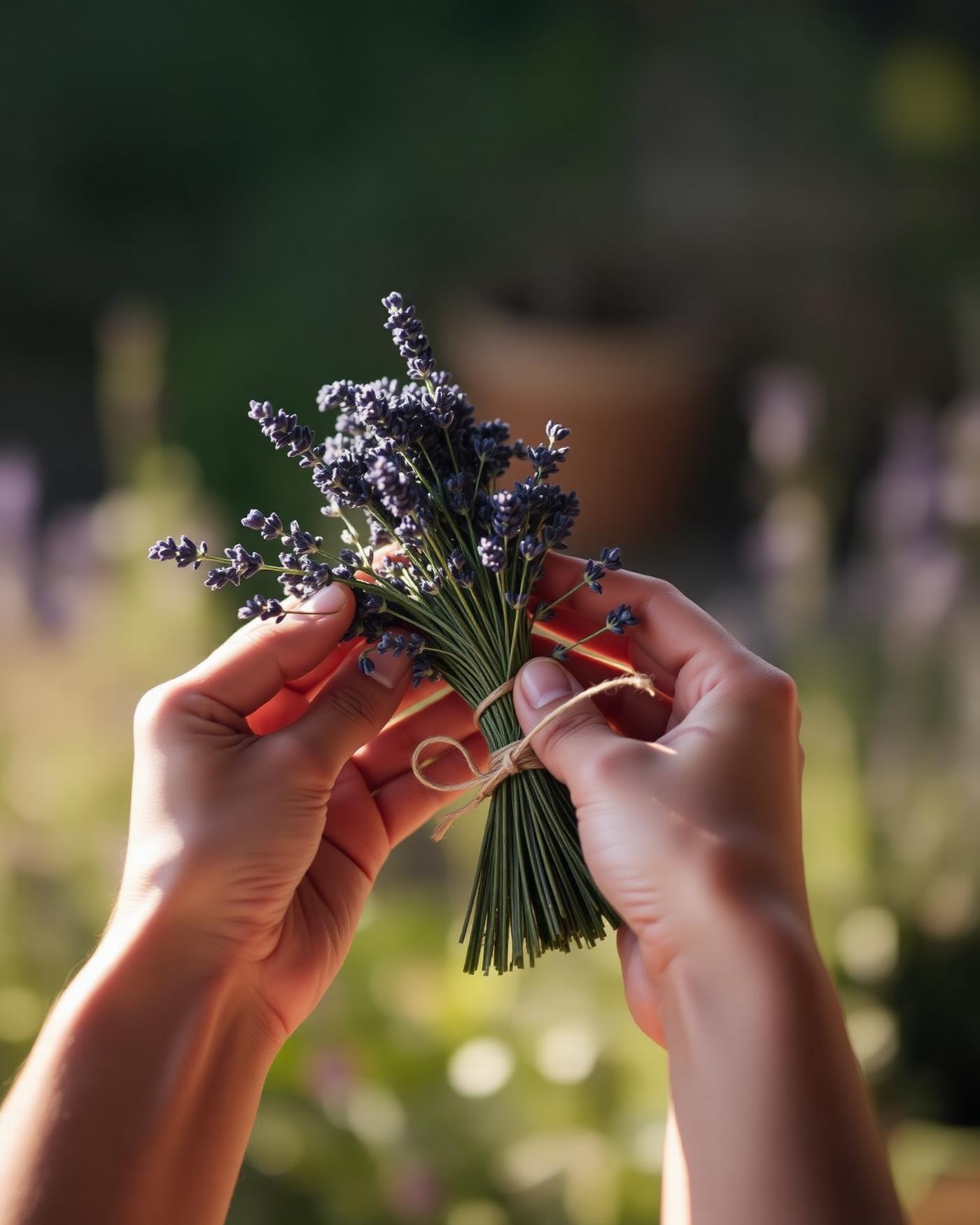 Hands tying a freshly cut bundle of lavender with twine