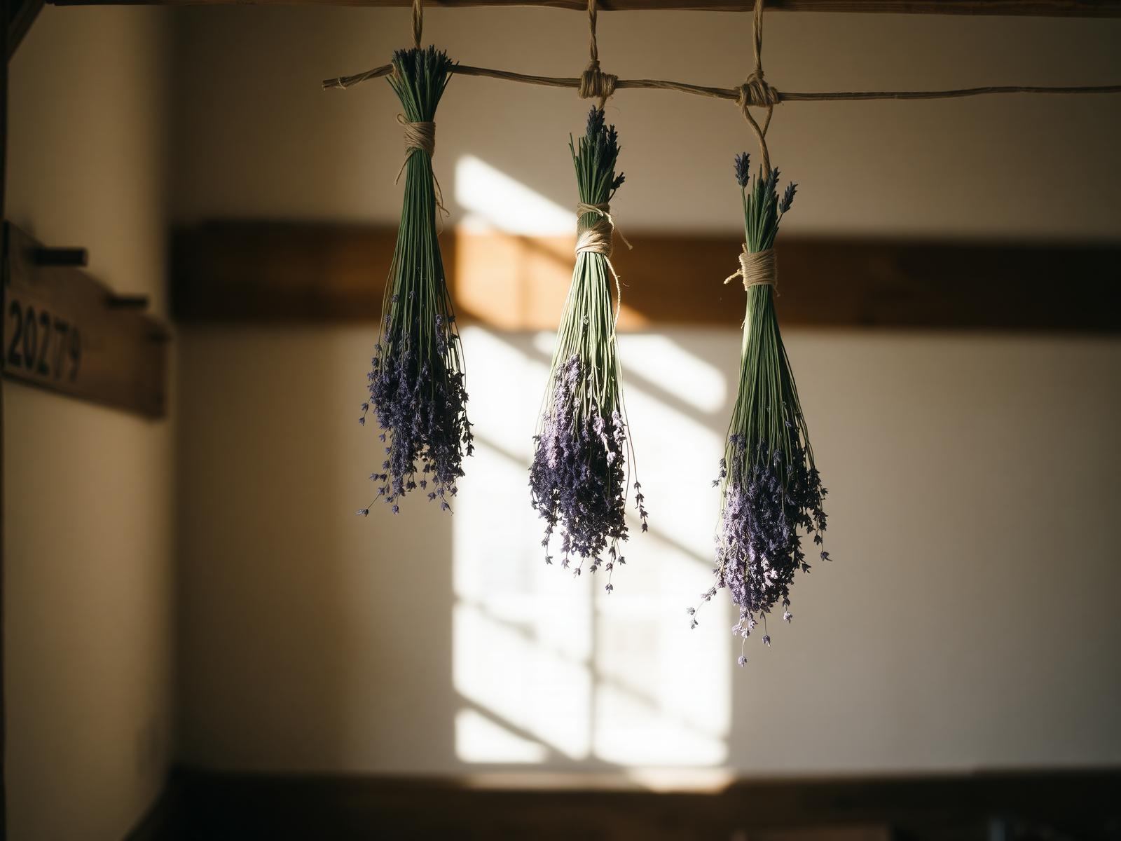 Bundles of lavender hanging upside down to dry in a sunlit room