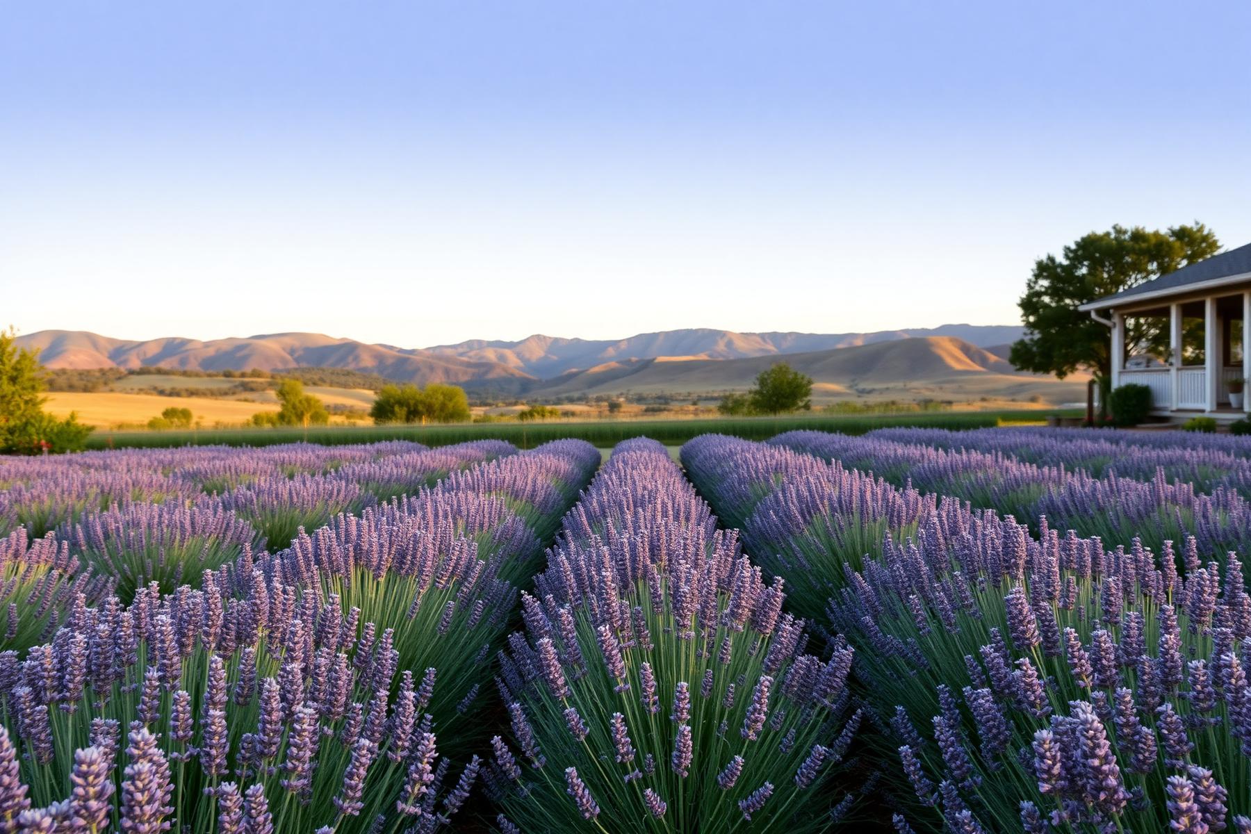 Wide view of Barbara's lavender garden in summer light