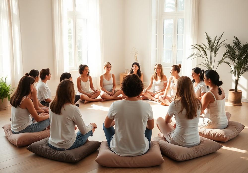 Women gathered together in a calm, natural setting